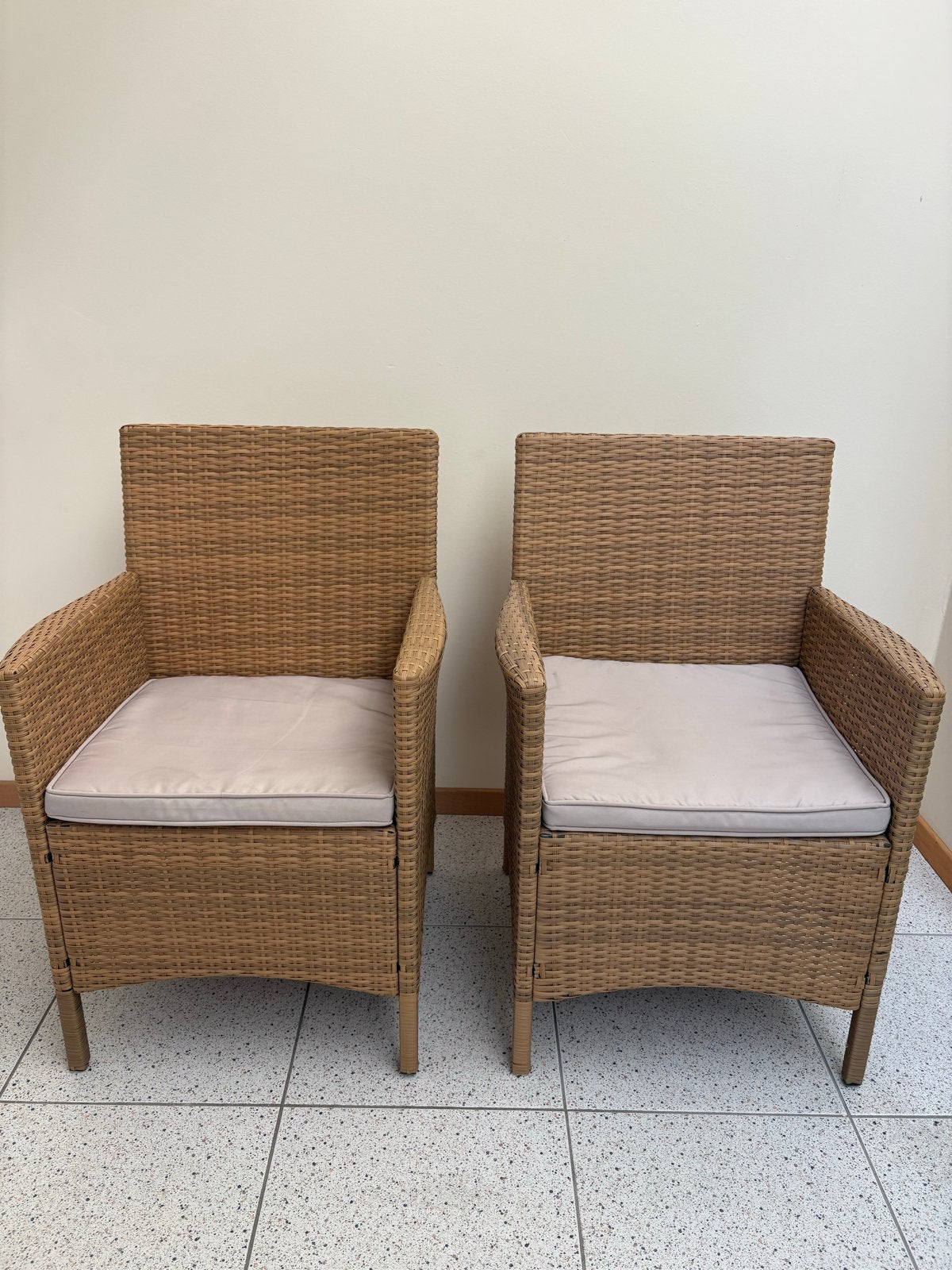 Twee kunststof rotan stoelen, Ophalen, Kunststof, Gebruikt, Twee