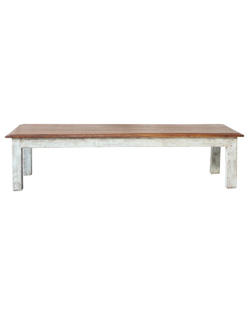 Vintage teakhouten salontafel met witte poten, Gebruikt, Teakhout, 150 tot 200 cm, 50 tot 100 cm