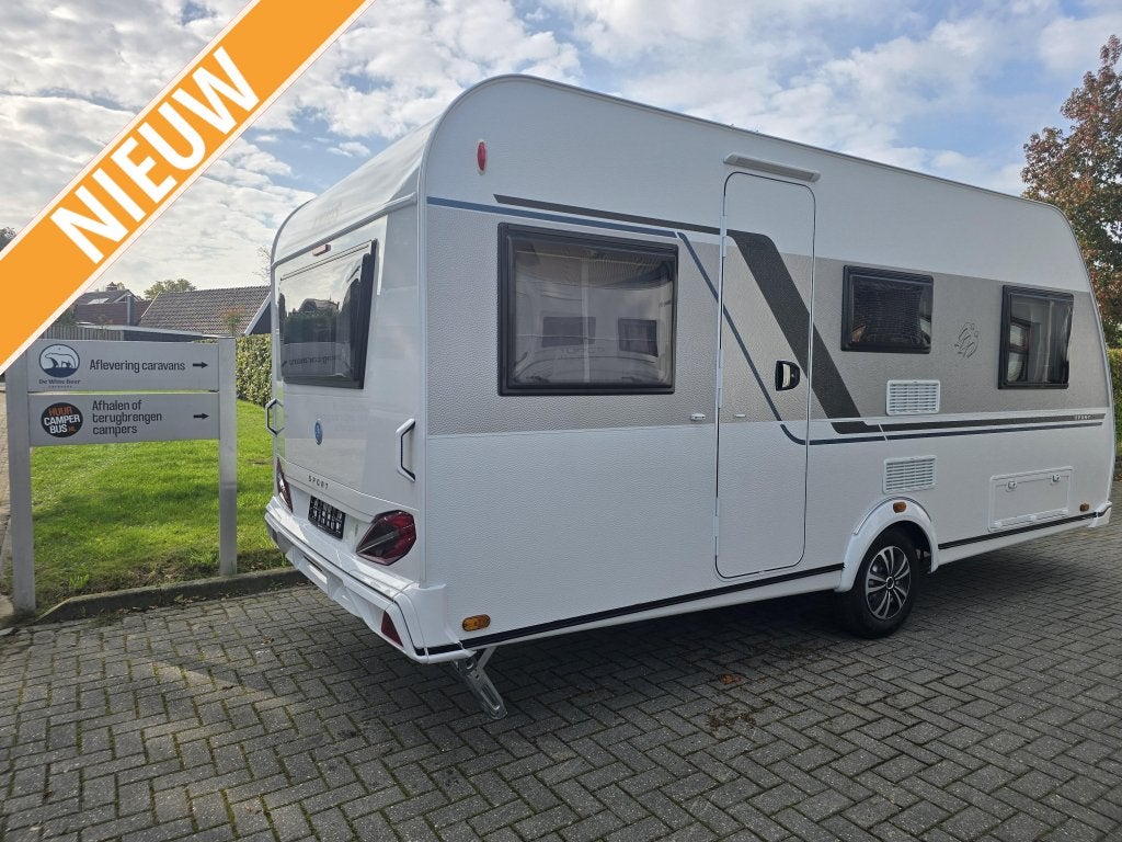 Knaus Sport 460 EU + mover, luifel + fietsdr, Caravans en Kamperen, Rondzit, Bedrijf, Fietsenrek, Lengtebed