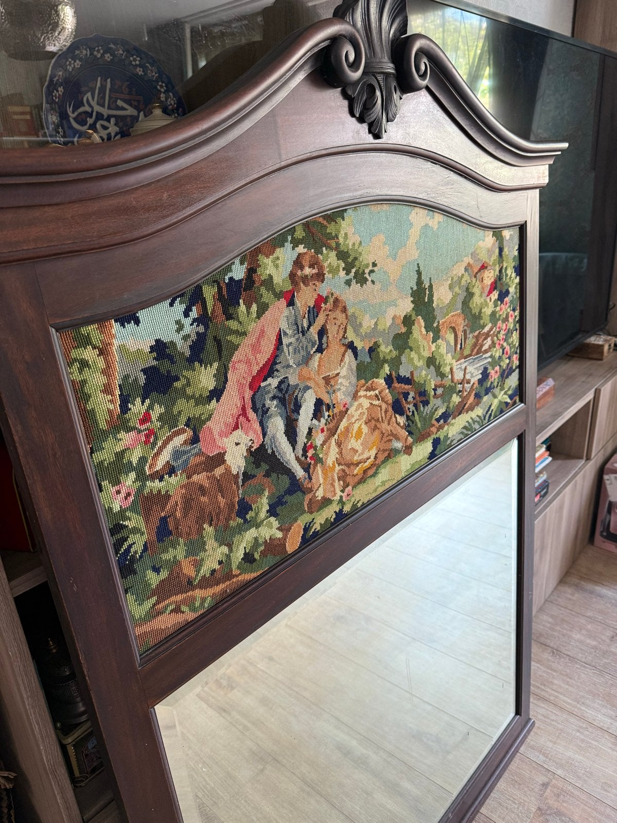 Edwardian Eikenhouten Antieke Spiegel met Tapisserie, Antiek en Kunst, Ophalen, Rechthoekig, 100 tot 150 cm, 150 tot 200 cm