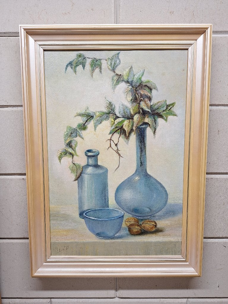 Stilleven met blauwe vazen en klimop - Olieverf op doek, Antiek en Kunst, Doek, Realistisch, Stilleven, Ophalen of Verzenden