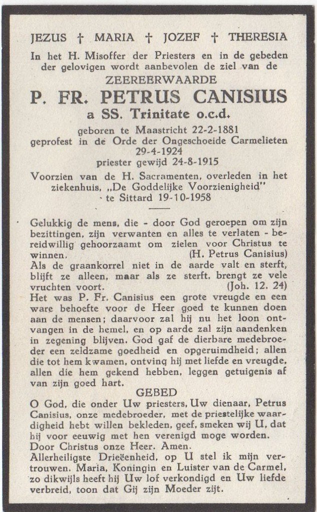 frater Petrus Canisius 1881 Maastricht + 1958 Maastricht, Verzenden