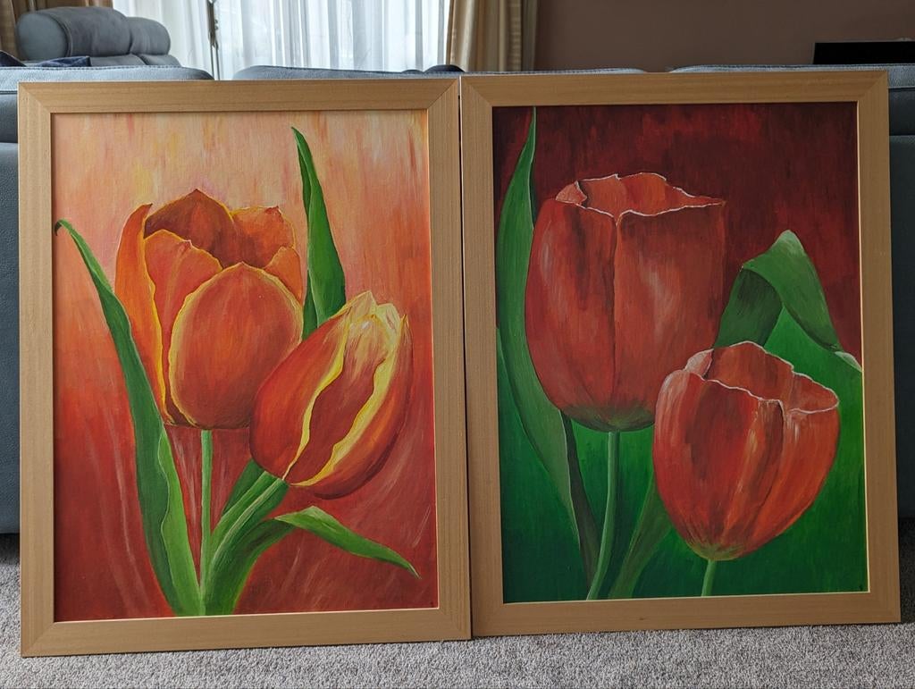 Twee schilderijen (60x80 cm) met tulpen voor grote ruimtes, Ophalen of Verzenden