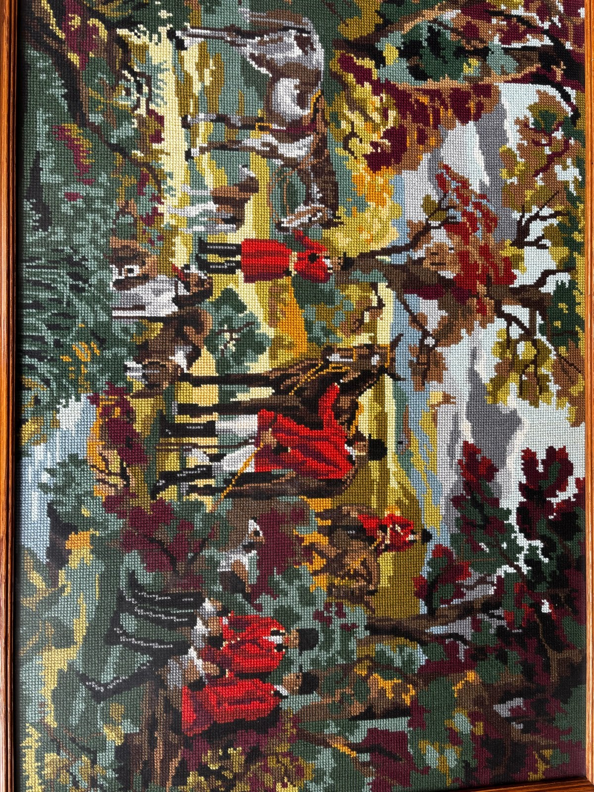 Vintage Gobelin Schilderij: Jachtscène in Bos, Antiek en Kunst, Dieren, Ophalen of Verzenden, Klassiek, Ingelijst