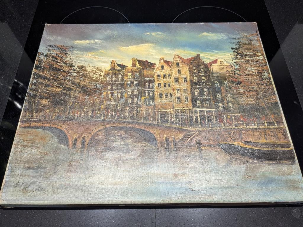 Schilderij Amsterdam gracht, Amsterdam Painting, Antiek en Kunst, Ophalen of Verzenden
