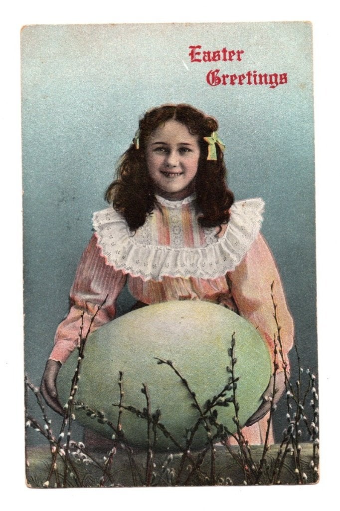 Oude Ansichtkaart Easter Greetings Meisje met Ei 1911, Ophalen of Verzenden, Voor 1920, Gelopen, Feest(dag)