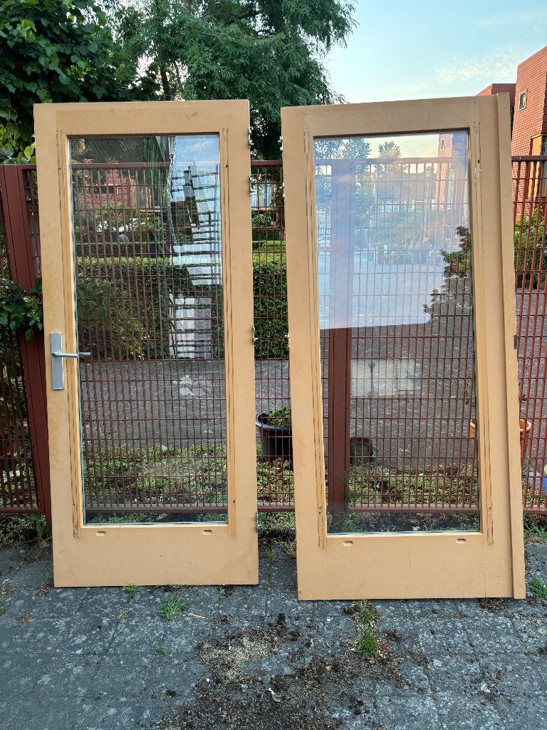 Twee hardhouten tuin- of terrasdeuren, Ophalen, Gebruikt, 80 tot 100 cm, Buitendeur
