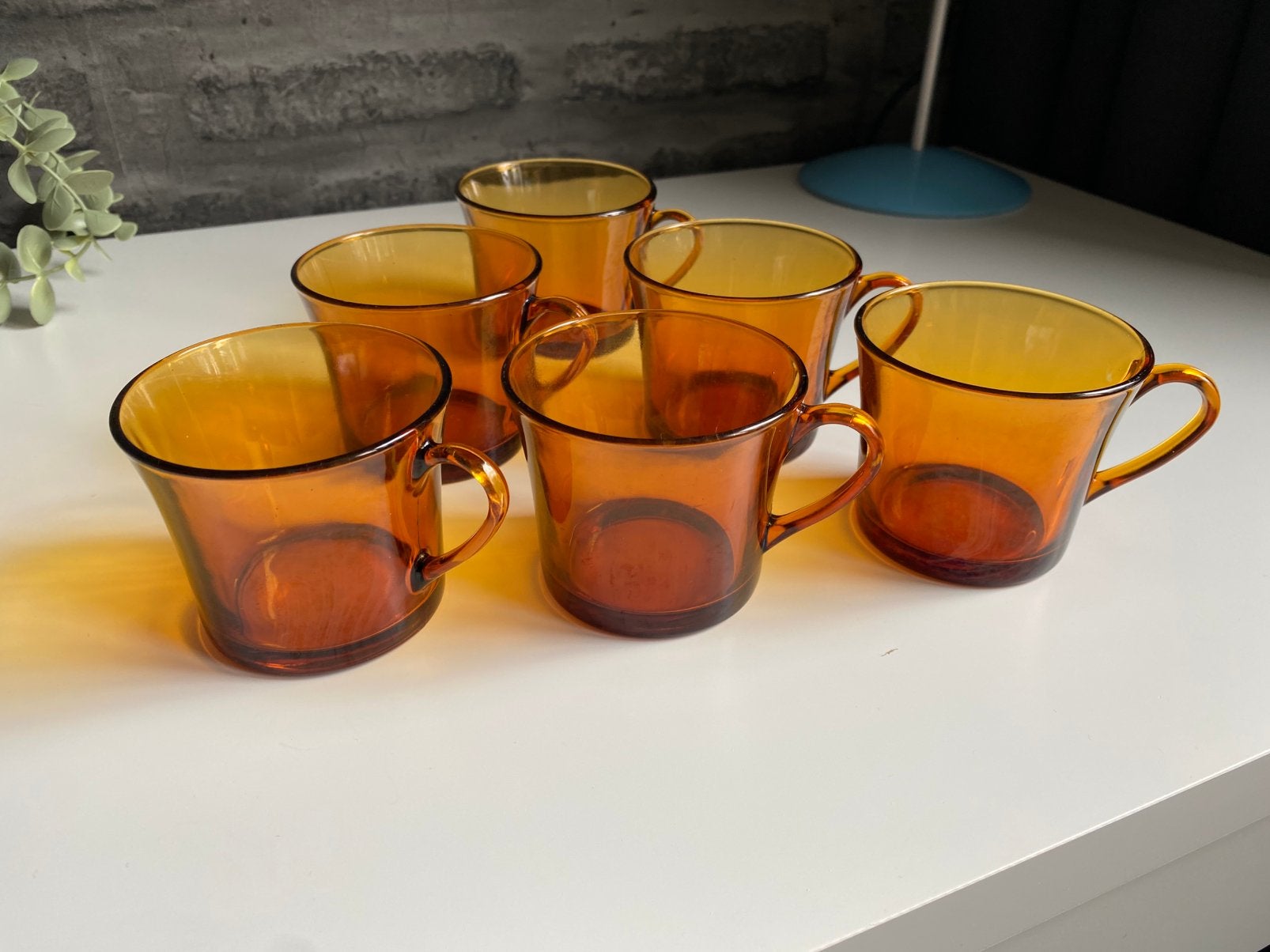 Vintage Duralex Amber Koffiebekers / Theeglazen (6x), Glas of Glazen, Vintage, Ophalen of Verzenden, Glas