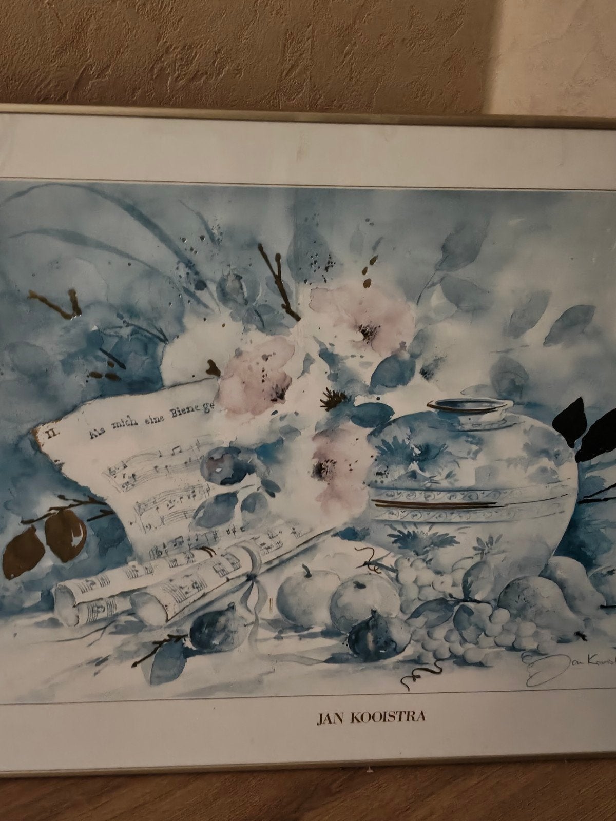 Schilderij Jan Kooistra - Stilleven met bloemen en fruit, Aquarel, Stilleven, Papier/karton, Ophalen of Verzenden