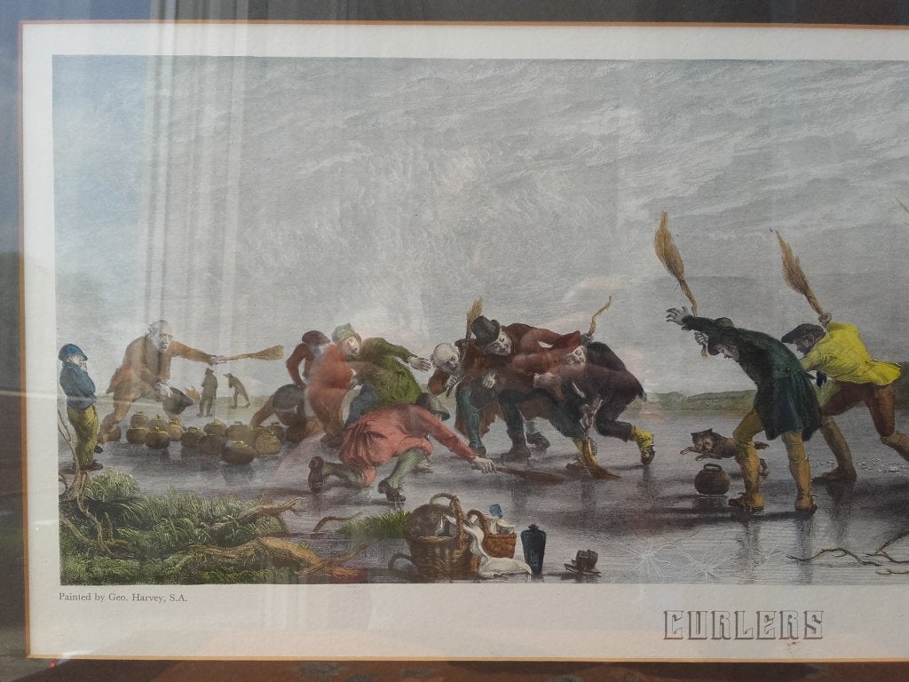 Zeldzame grote antieke Engelse ets van de sport curling., Antiek en Kunst, Ophalen, Dagelijks leven, 1800 - 1899, Met tekst