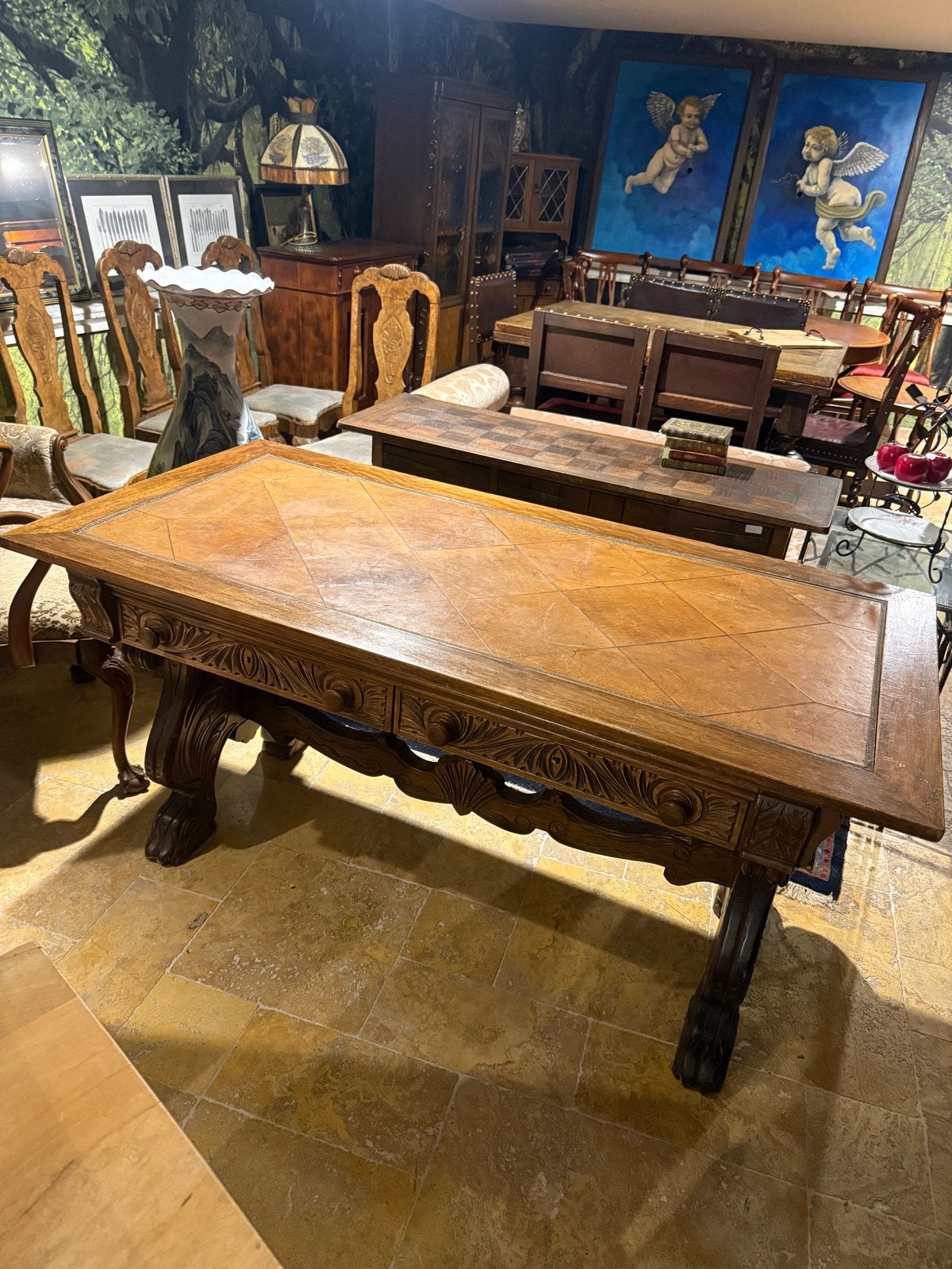 Antieke Schrijftafel met Lederen Blad - Kleine Beschadiging, Antiek en Kunst, Ophalen of Verzenden