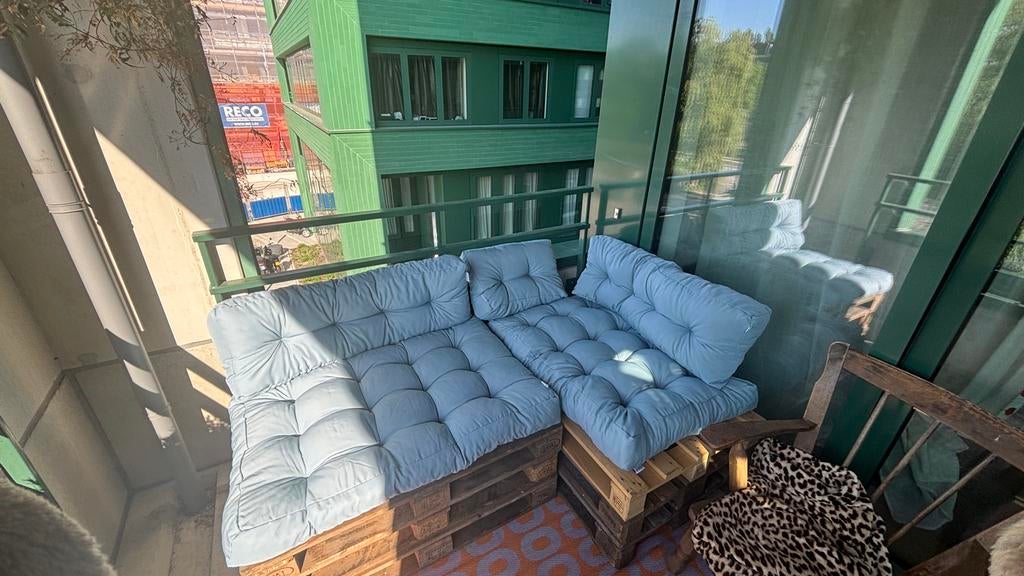 OK Living Palletkussen set Flocken IJsblauw 5 delen + cover, Ophalen, Zo goed als nieuw