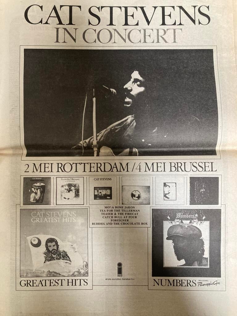 Paginagrote A3 advertentie CAT STEVENS tour Rotterdam 1976, Ophalen of Verzenden, Gebruikt