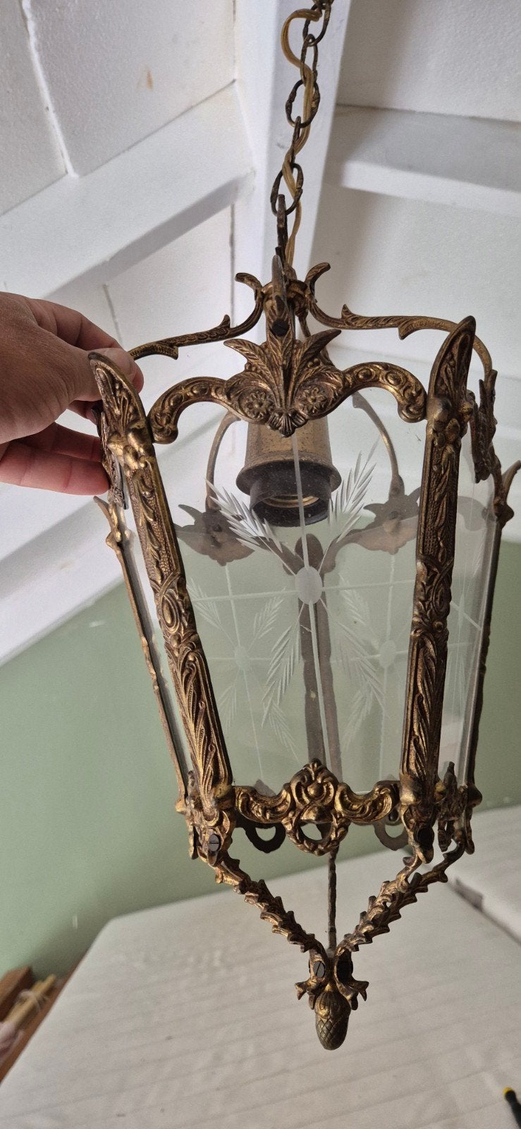 Antieke bronzen franse hanglamp met geëtst glas, Antiek en Kunst, Ophalen