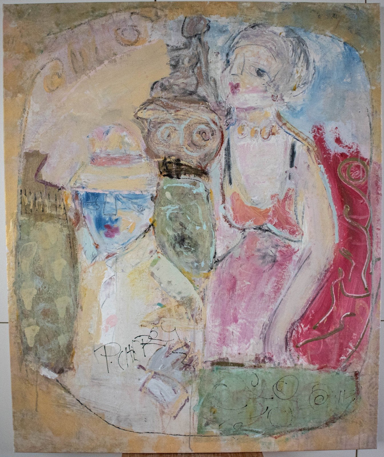 Expressief-Figuratief Mixed-Media Schilderij P. Cherry, Ophalen, Figuren, Gesigneerd, Gemengde techniek