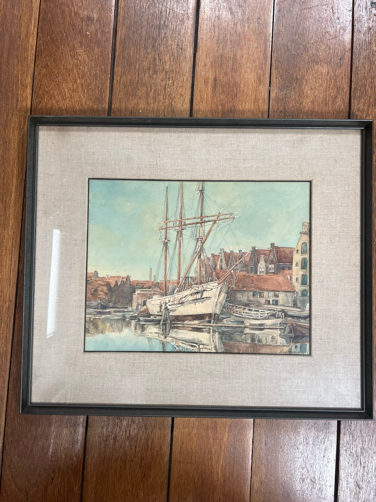 Maritiem schilderij met zeilschip en stadsgezicht, Antiek en Kunst, Maritiem / water, Realistisch, Ophalen of Verzenden, Aquarel