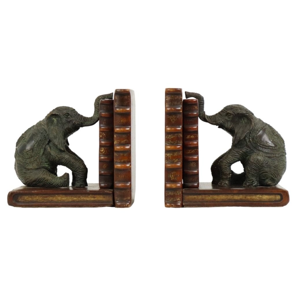 Vintage Koppel Boekensteunen Olifant Gepatineerd Brons Hout, Ophalen of Verzenden