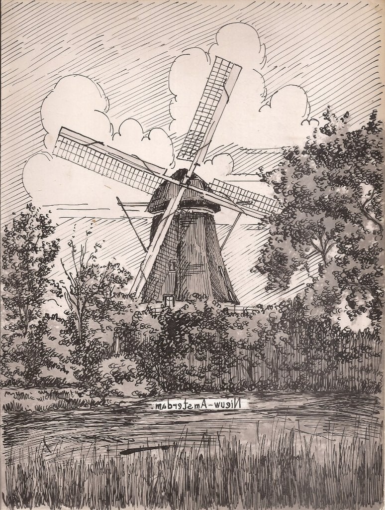 Nieuw-Amsterdam Molen 1948 Tekening Sievers, Antiek en Kunst, Kunst | Tekeningen en Foto's, Ophalen of Verzenden, Tekening, Pentekening