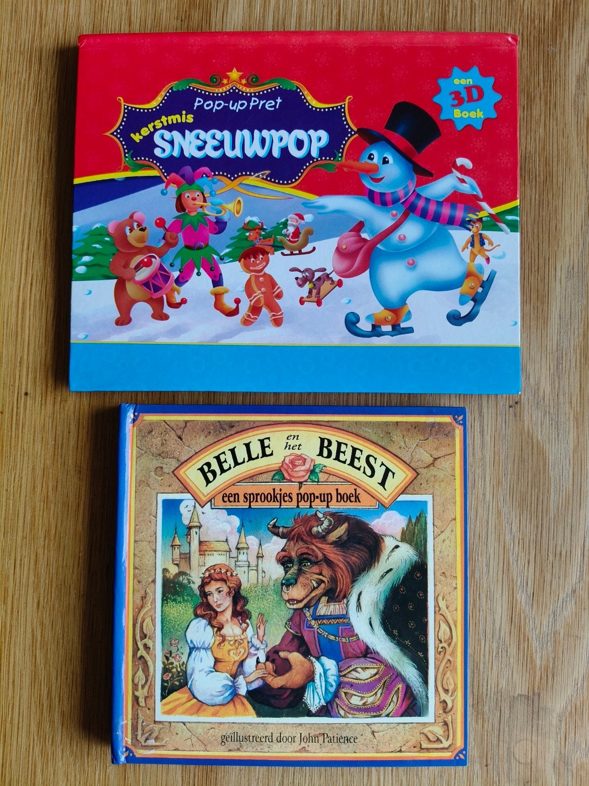 2x Pop-up boeken: Kerstmis Sneeuwpop en Belle en het Beest, Jongen of Meisje, Voorleesboek, John Patience (Belle en het Beest)