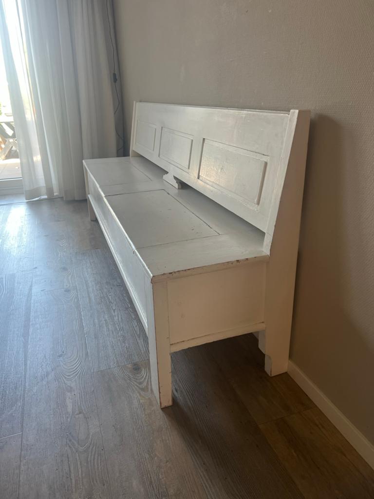 Witte Klepbank met opbergruimte - 2.20m lengte, Ophalen, Gebruikt, Minder dan 75 cm, Driepersoons