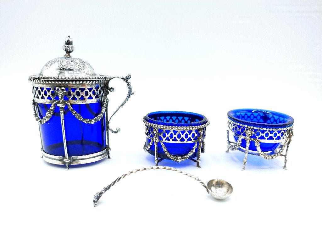 4-Delig zilveren empire tafelset met blauw glas, Nederland, Antiek en Kunst, Antiek | Goud en Zilver, Verzenden, Zilver