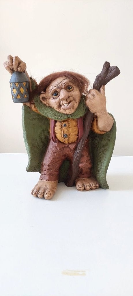 Vintage Keramische Trol beeld Lantaarn & Pluche Haar (23 cm), Eu, Eu, Ophalen of Verzenden, Zo goed als nieuw