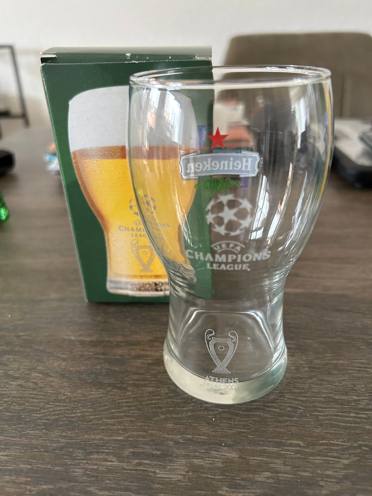 Champions League Heineken glas dubbeldruk in doosje, Ophalen of Verzenden, Zo goed als nieuw, Bierglas