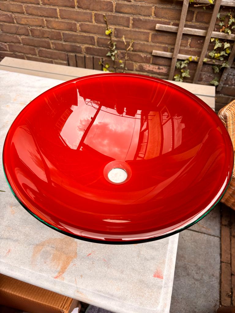 Rode glazen waskom - 42 cm diameter, Ophalen, Zo goed als nieuw