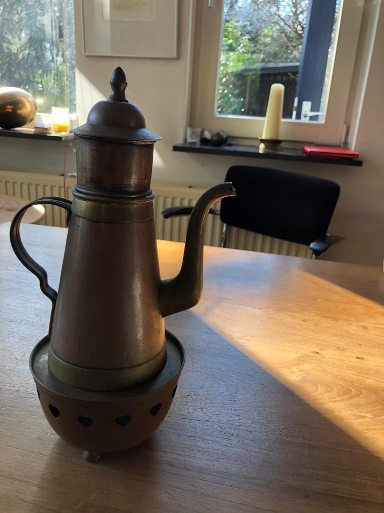 Koperen perculator met warmhouder en kopjes, Ophalen, Koper