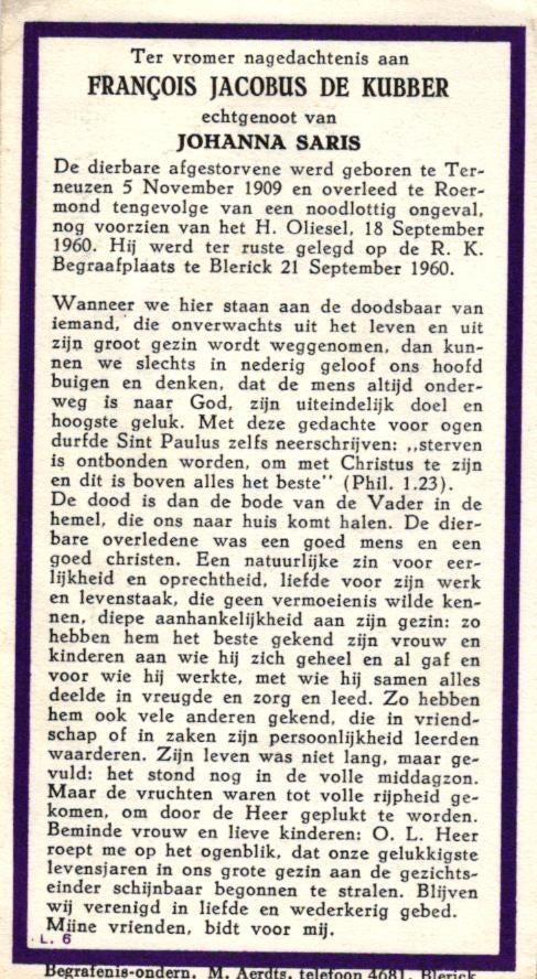 Kubber de François Jacobus Terneuzen 1909-1960 Blerick, Verzamelen, Ophalen of Verzenden