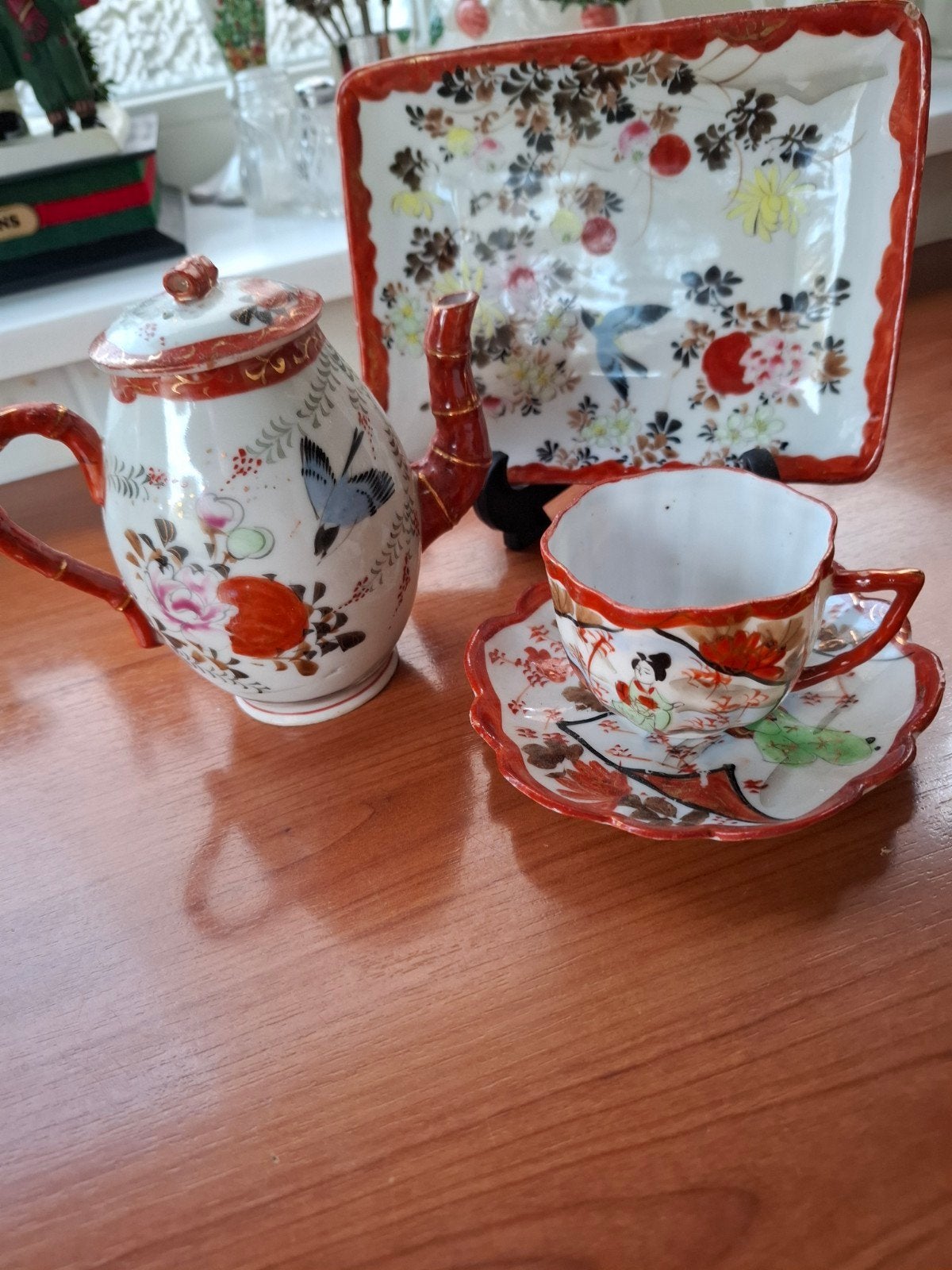 Antieke Japanse theepot, kop en schotel met schaaltje, Ophalen of Verzenden
