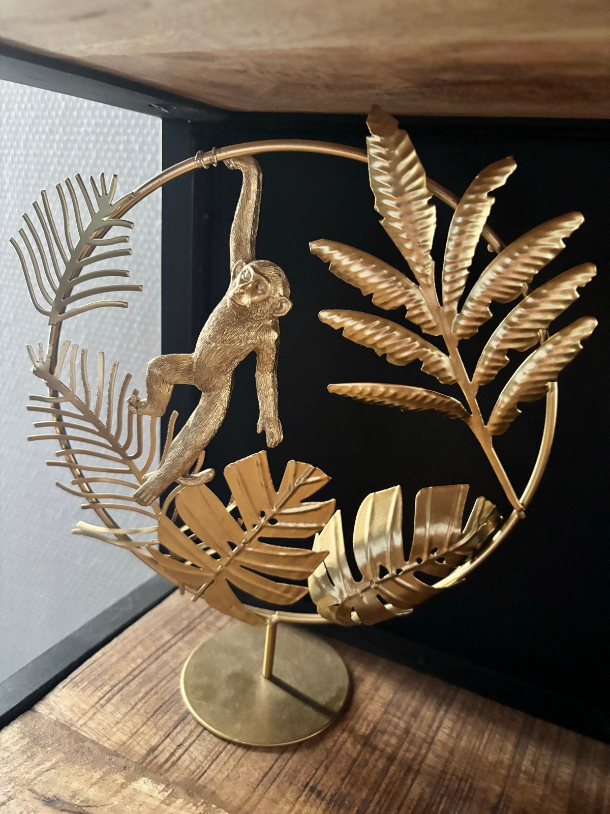 Gouden aap decoratie met tropische bladeren, Ophalen, Zo goed als nieuw, Goud, Metaal