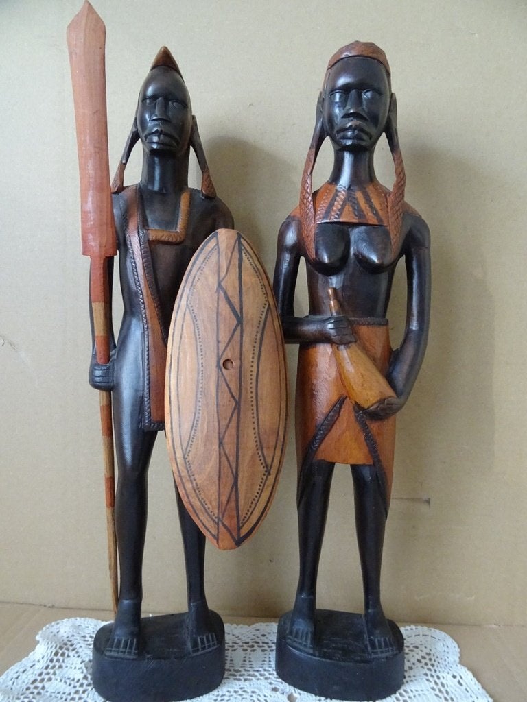Afrikaanse houten beeld beelden Masai  Kenia man + vrouw46cm, Ophalen of Verzenden