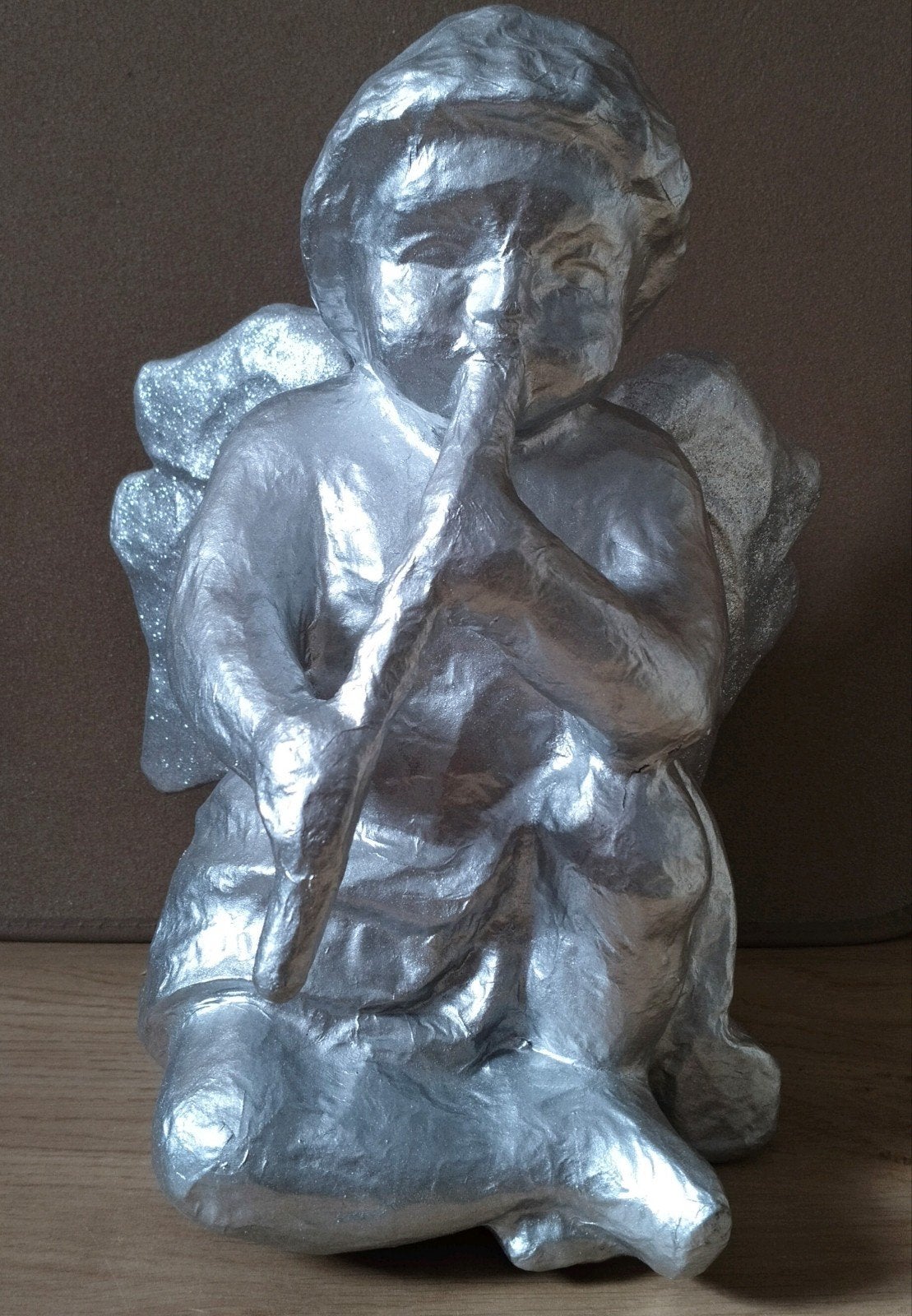 Grote vintage Hema papier mache zilverkleurig engel met flui, Diversen, Verzenden, Zo goed als nieuw