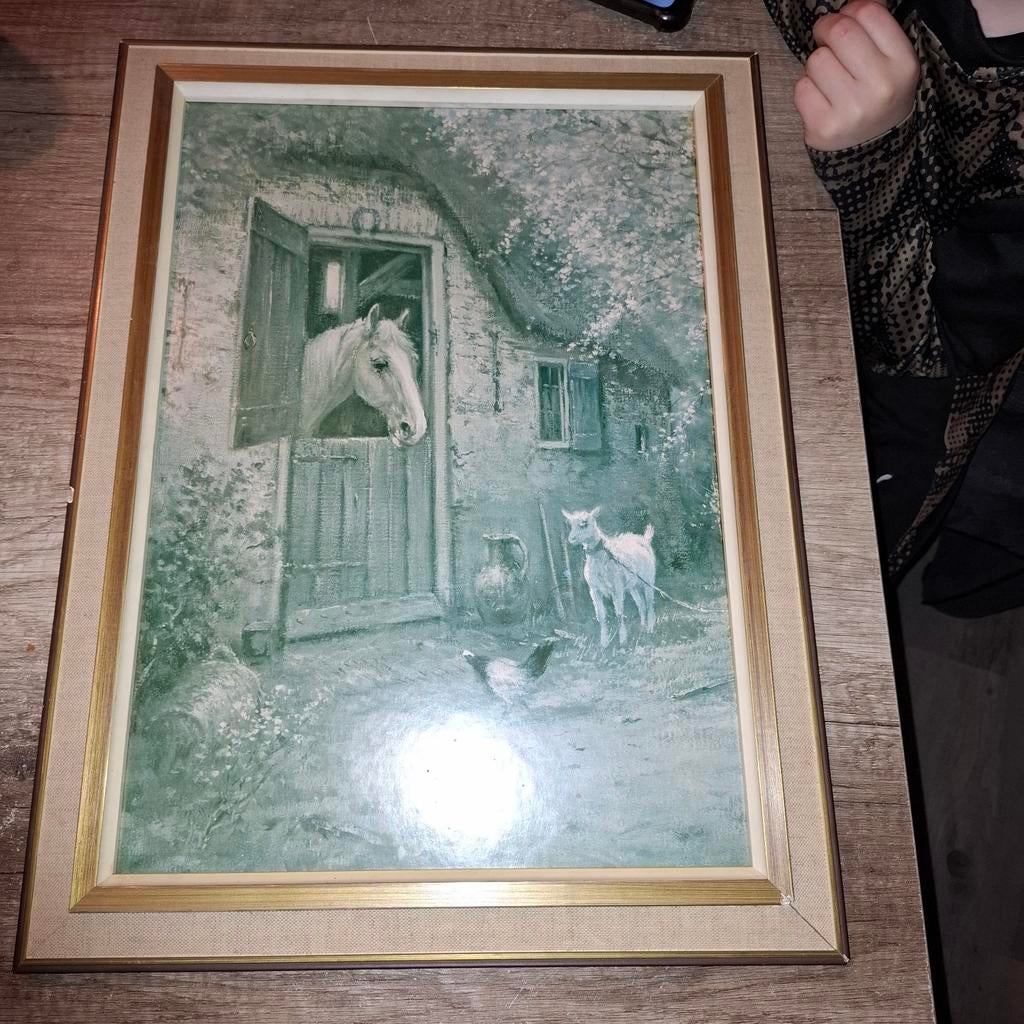 Ingelijste print: Paard, geit en kippen bij boerderij, Ophalen of Verzenden