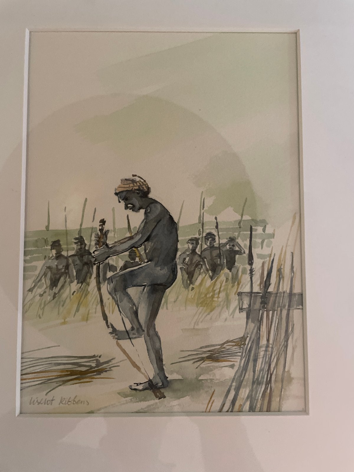 Aquarel van Liselot Ribbens: Man met Boog, Ophalen of Verzenden, Tekening, Aquarel, Gesigneerd
