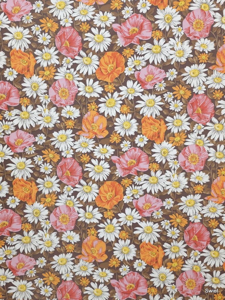 9952 Vintage bloemenbehang met madeliefjes bruin swiet, Ophalen of Verzenden, Geel