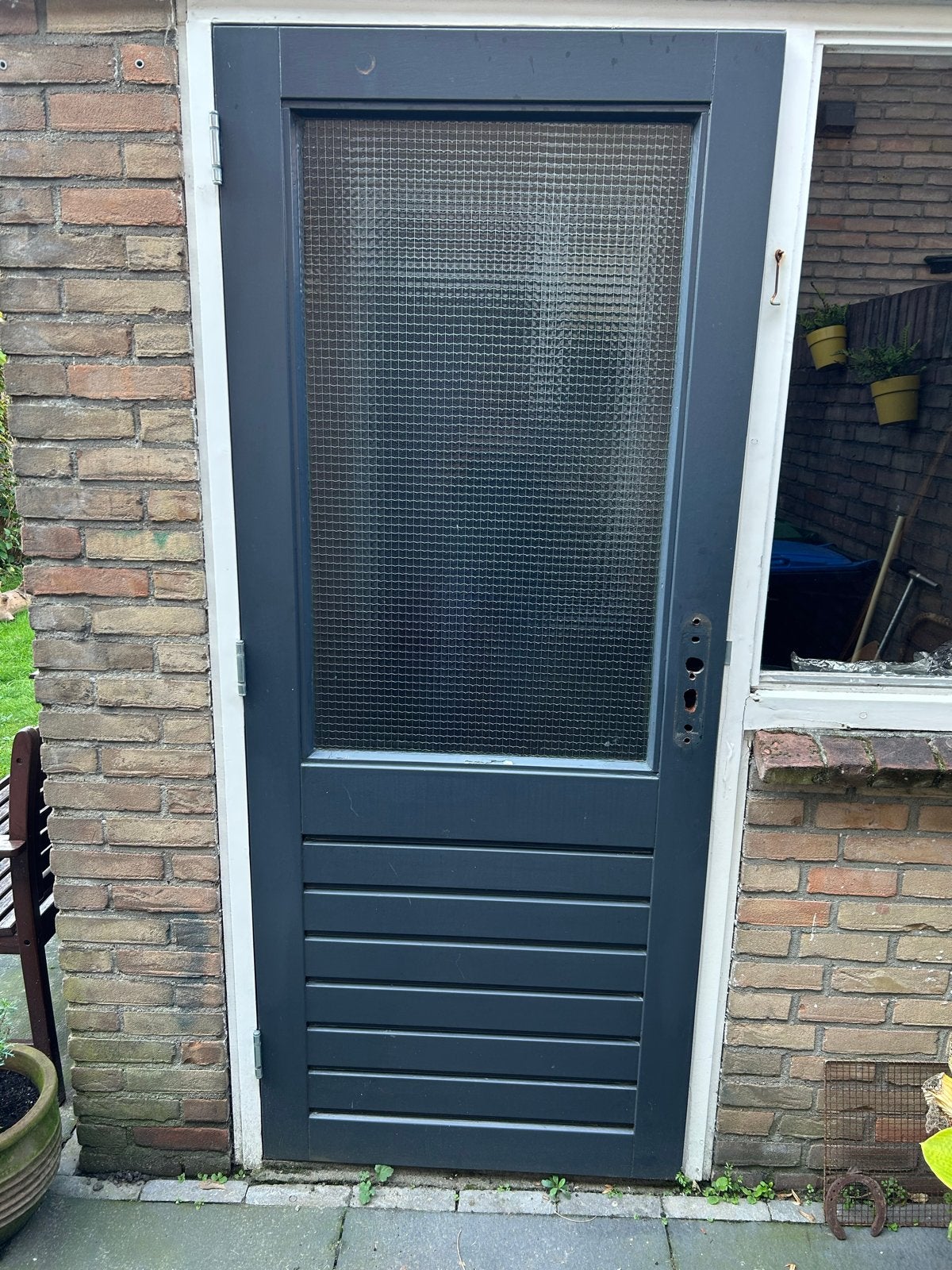 Buitendeur met glas en lamellen, Ophalen, Gebruikt, 80 tot 100 cm, 200 tot 215 cm