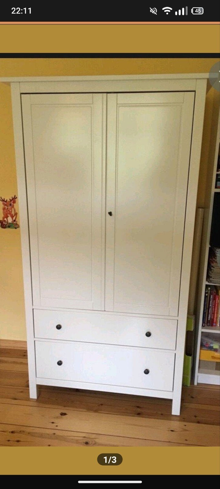 Witte houten kledingkast met roede en laden, Ophalen, Gebruikt, 100 tot 150 cm, Met lade(s)
