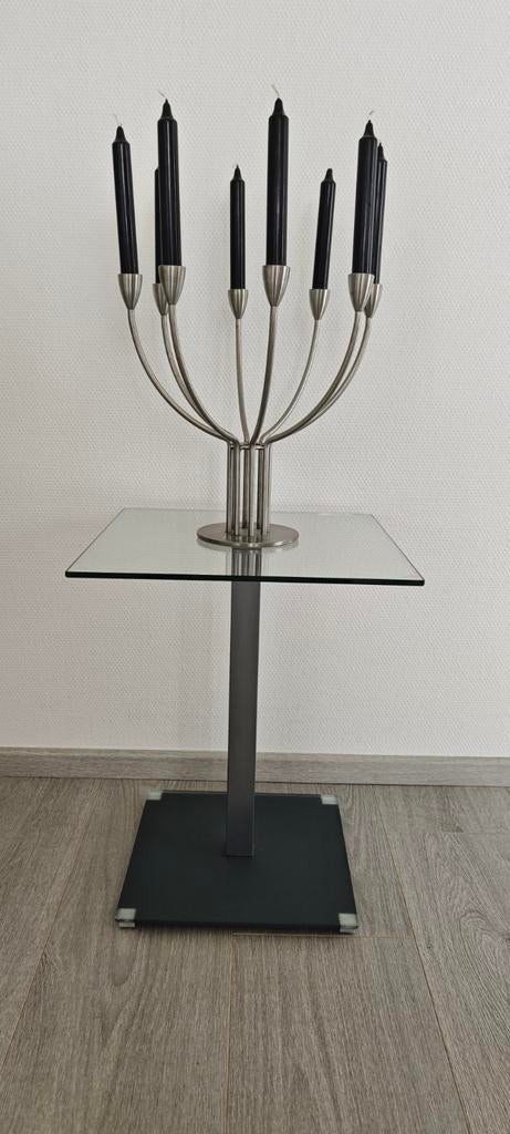 Tafeltje (glas) met design kaarsenstander, Ophalen, Grijs, Metaal, 50 tot 75 cm