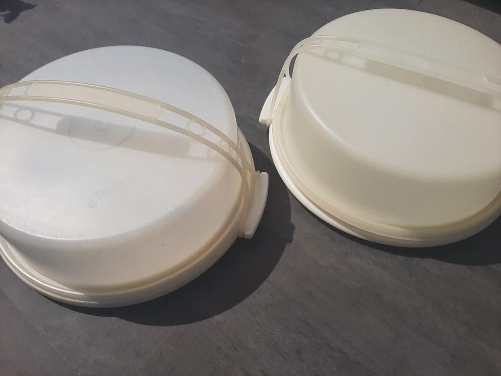 2x Tupperware taartdoos / vershouddoos met handvat, crème, Ophalen, Gebruikt, Crème, Schaal