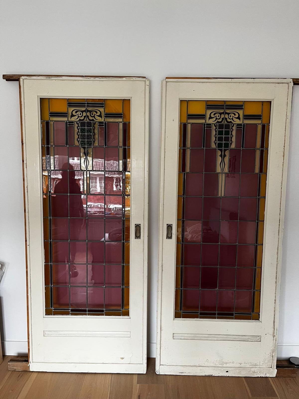 Originele jaren ’30 ensuite deuren met glas-in-lood, Ophalen, Gebruikt, 80 tot 100 cm, Binnendeur
