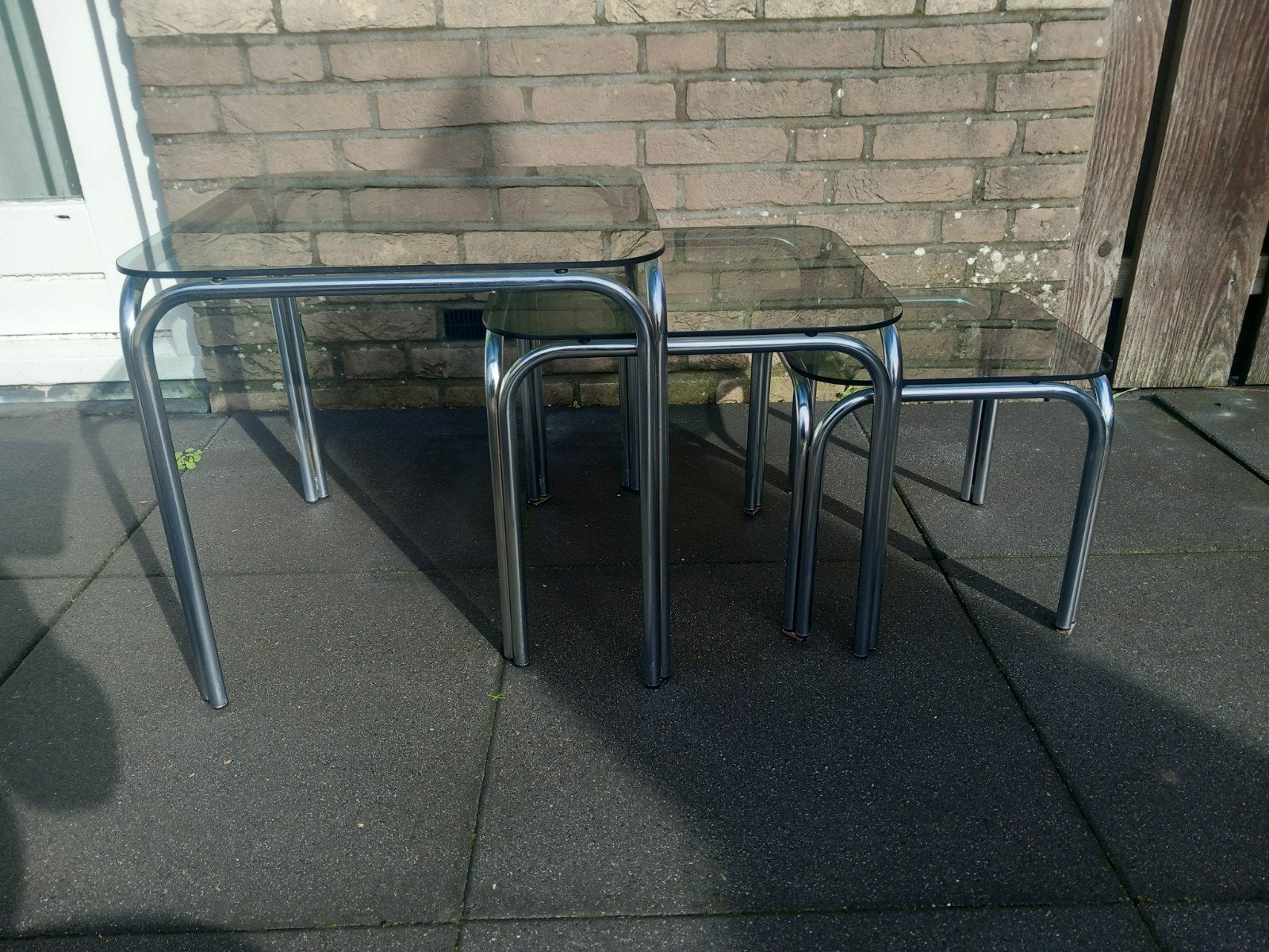Drie glazen bijzettafels, Minder dan 55 cm, Gebruikt, Vierkant, Glas
