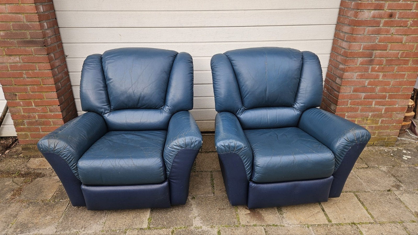 Blauwe leren relax stoelen., Ophalen, Gebruikt, 50 tot 75 cm, Leer