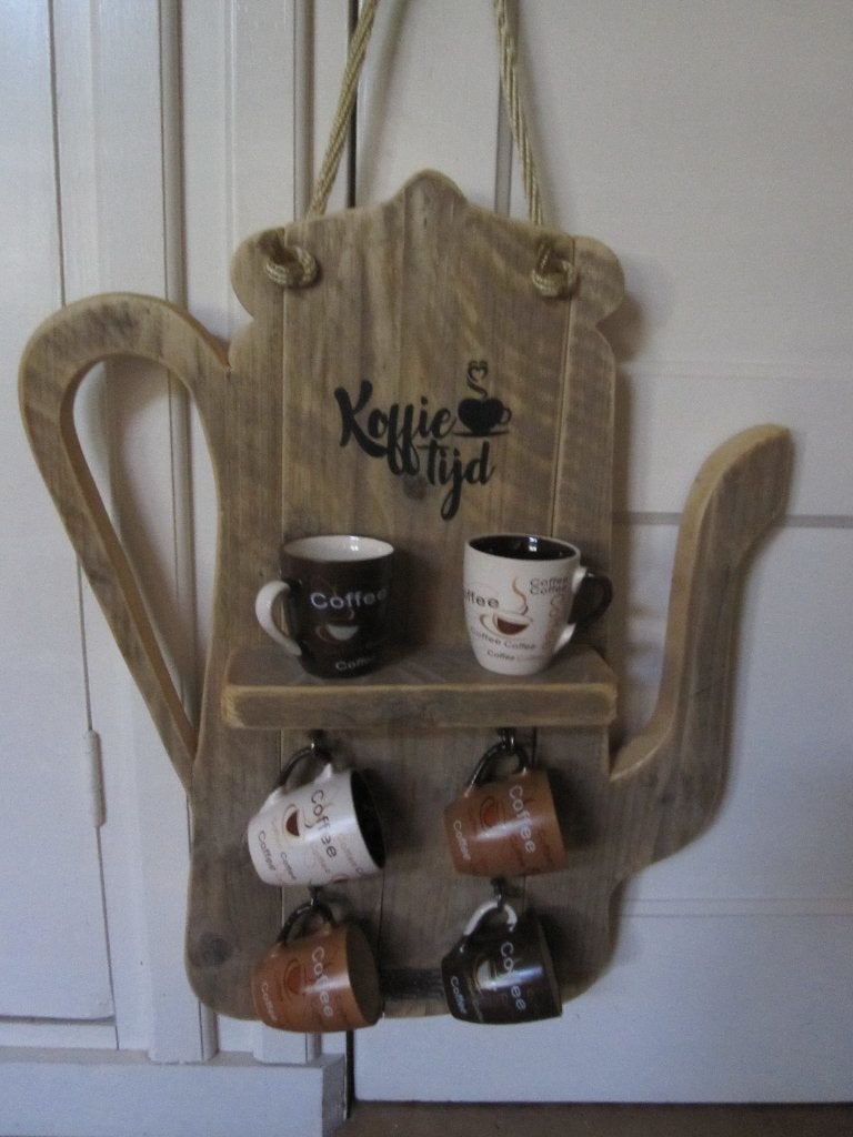 Steigerhouten wandbord : Koffietijd + 6 Nieuwe kopjes, Nieuw, Ophalen of Verzenden, Overige stijlen, Kop(pen) en/of Schotel(s)
