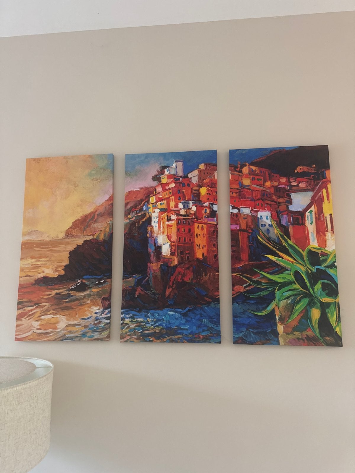 Drieluik Schilderij op Canvas - Italiaans Dorp aan Zee, Ophalen, Print, Textiel, Stadsgezicht