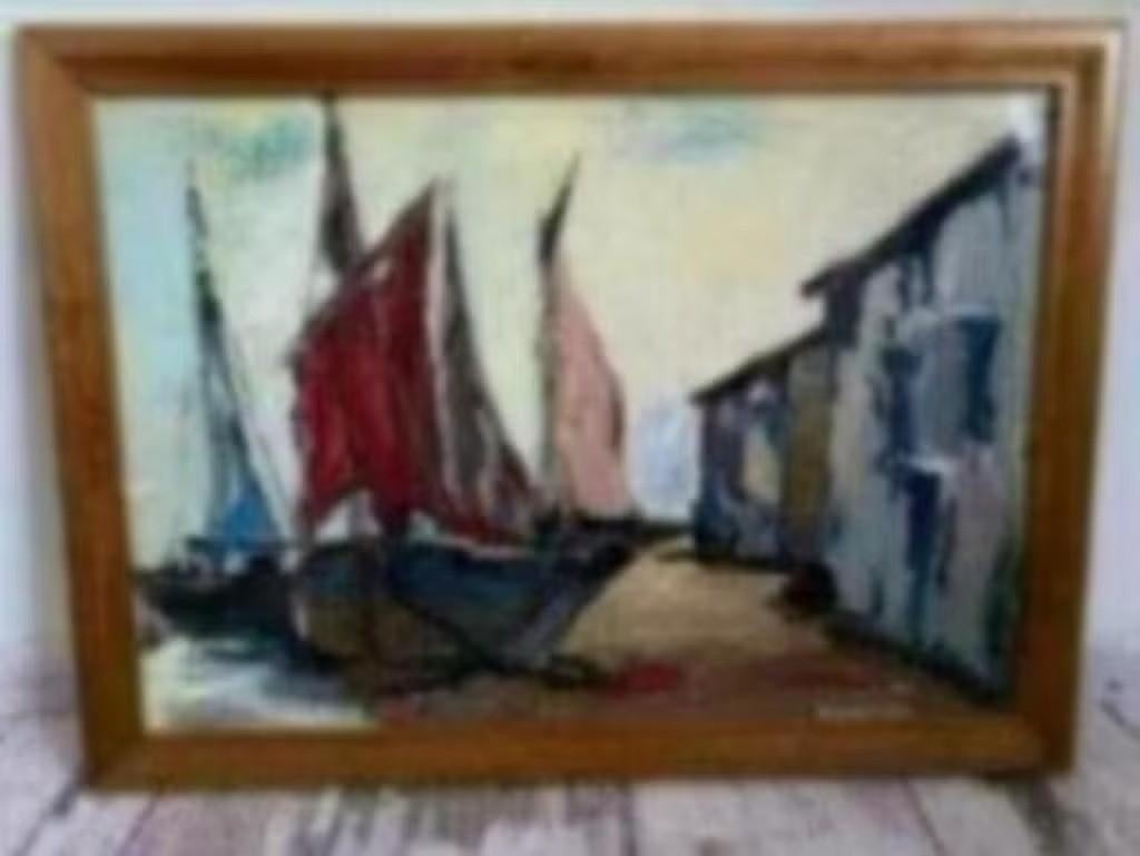 Schilderij : aan de haven, Ophalen of Verzenden, Zo goed als nieuw, 50 tot 75 cm, Schilderij