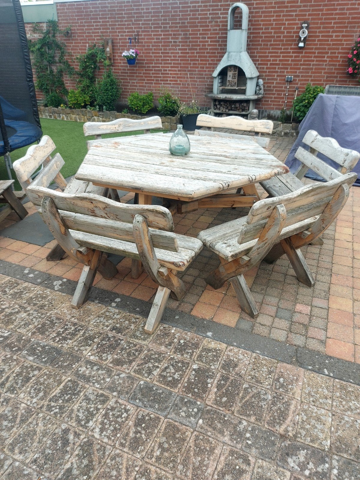 12 persoonsHouten tuinset  tafel + 6 banken, Tuin en Terras, Tuinsets en Loungesets, Ophalen, Gebruikt, Meer dan 8 zitplaatsen