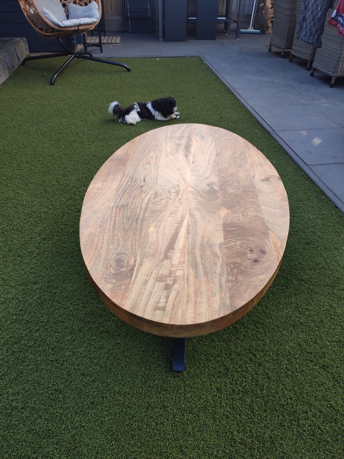 mooie salontafel 130 lang mango met kruis stalen poten, 100 tot 150 cm, Zo goed als nieuw, Rechthoekig, 50 tot 100 cm