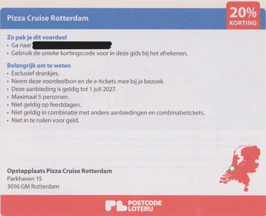Pizza Cruise Rotterdam. 20% korting. Postcodeloterij bon., Drie personen of meer, Kortingsbon